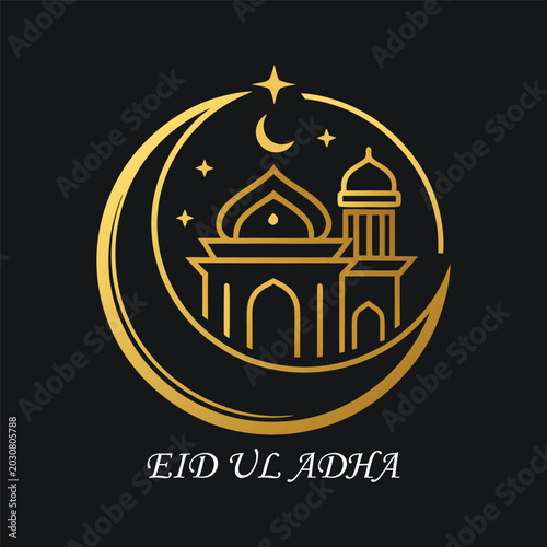 Canvas Print Eid ul adha design with golden mosque and crescent moon on black background