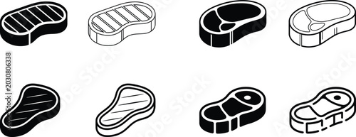 Raw steak and grilled meat silhouettes, beef slice and bbq food outline symbols isolated
