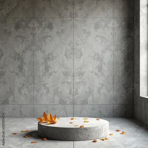 Minimalist Interior with Concrete Platform and Autumn Leaves