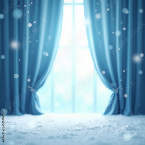 A Serene Winter Scene with Snowfall and Blue Drapes