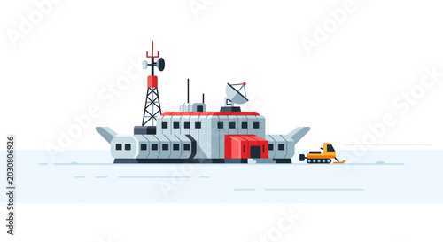 Photos Arctic Research Station and Snowcat Vehicle, Flat Illustration