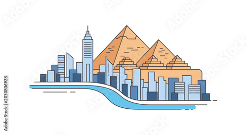 Tableau sur toile Ancient Pyramids and Modern City Skyline Blend