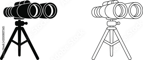 Binocular silhouette on tripod stand, surveillance and spy glass outline symbols isolated