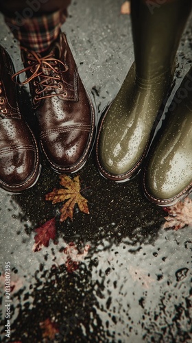 Shoes & boots in puddle. Fall leaves. Walking outdoors on rainy street. Fall