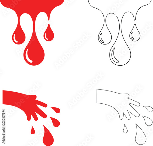 Blood drip and bleeding hand silhouettes, red paint splash and wet hand outline stickers