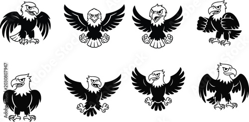 Bald eagle cartoon stickers collection, fierce eagle mascot showing different emotions isolated on white