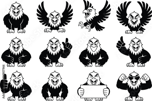 Bald eagle cartoon stickers collection, fierce eagle mascot showing different emotions isolated on white