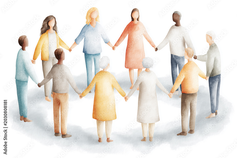 Naklejka premium Diverse Group of People Holding Hands Watercolor Illustration Isolated on White Background