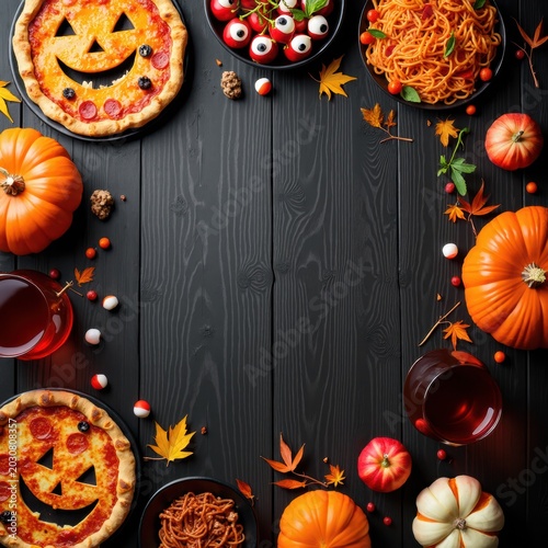 Festive Halloween Feast with Pumpkins, Spooky Pizza, and Autumn Delights