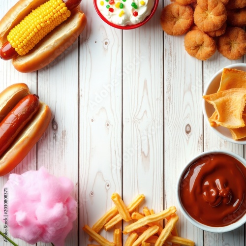 A Colorful Spread of Classic Fair Foods: Hot Dogs, Cotton Candy, and Sweet Treats