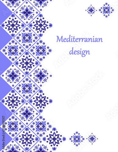 A composition of typical Mediterranean geometric and floral patterns using colored ceramic tiles — a template for a banner, invitation, or greeting card. Concept with space for text.
