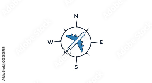 Bild auf Leinwand A minimalist icon featuring a blue airplane inside a directional compass rose sy