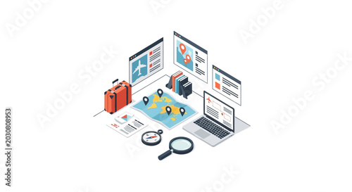 Cuadro en lienzo An isometric illustration showing travel planning tools and digital navigation e