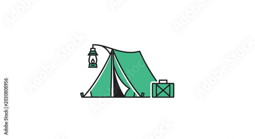Tableau sur toile A simple green camping tent with a hanging lantern and a small travel case