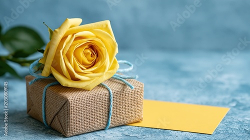 Vibrant yellow rose resting on a rustic gift box beside a blank card for special messages