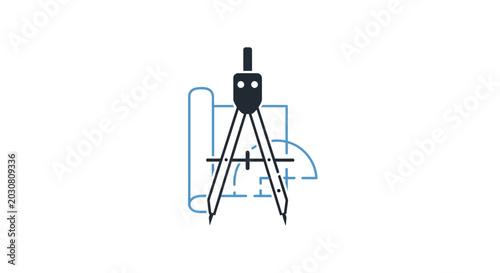 A professional drafting compass icon placed over a technical architectural blueprint