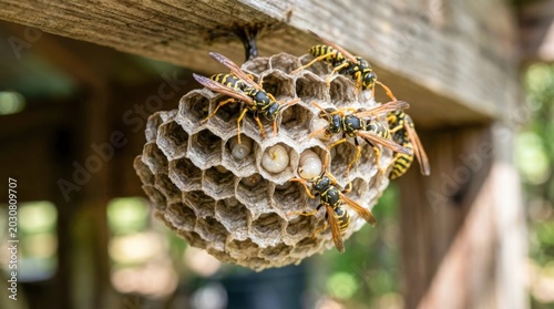 Close-up of a wasp nest with several wasps crawling on it.