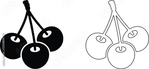 Cuadro en lienzo Three cherries with stems on a branch and two separate cherries with leaves Vect