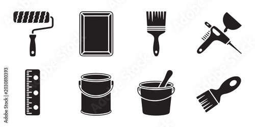 Tableau sur toile Set of painting tools icons including paint roller brush and metal bucket with industrial equipment