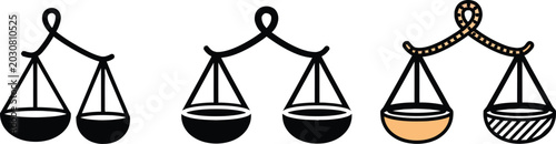 Fotografie Three balance scales showing equal and unequal weights with different objects on