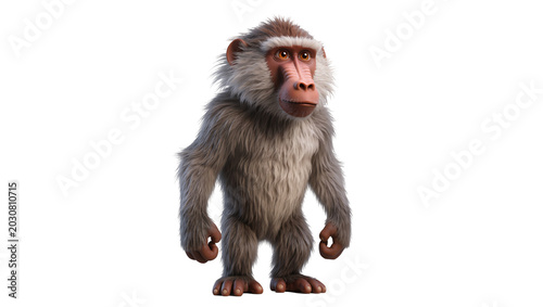 Photos Baboon primate standing upright with furry body and pink face