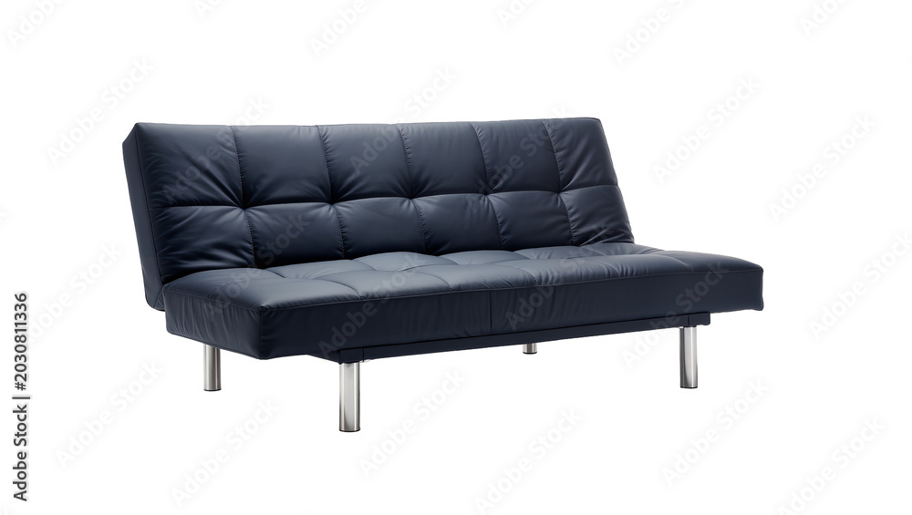 Fototapeta premium Dark Blue Tufted Leather Futon Sofa with Chrome Legs