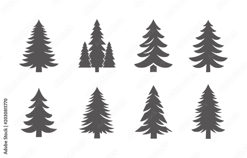 Obraz premium Collection of eight stylized dark gray evergreen tree silhouettes white