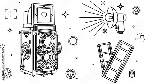 Obraz na płótnie Retro photography gear vector illustration featuring vintage twin lens reflex ca