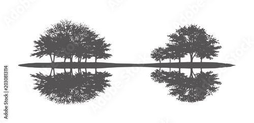 Obraz na płótnie Dark gray trees reflected in still water white reflection nature silhouette