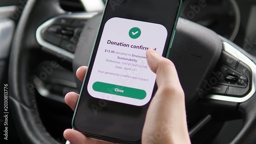 Confirming a 15.00 dollars donation to Environmental Sustainability on a smartphone. The screen displays a green checkmark and a 