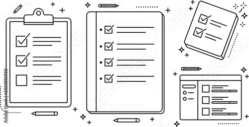 Fotografie Task checklist and survey document outline icon set with clipboard questionnaire