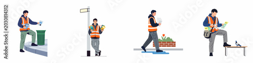 Foto Flat vector illustration set of a promoter in a high-visibility vest distributing, throwing away, and carrying various flyers and brochures on the street