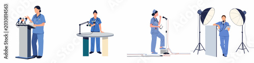 Fotografía Illustrations of a female medical professional in various media settings, including a press conference, radio podcast studio, and live television interview