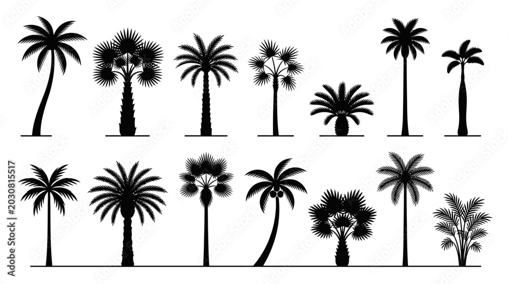Fototapeta premium Collection of diverse black silhouette palm trees, showcasing various tropical foliage designs and shapes suitable for nature and travel themes