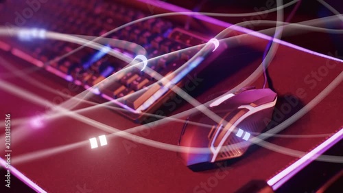 USB powering RGB, light streaks sweeping mouse, keyboard and pad, creating magenta reflections