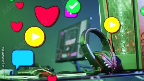 Headphones resting on desk, icons spawning lower left, drifting up right, growing, showing likes