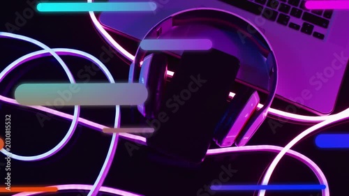 Over-ear headset resting on smartphone, soft bars sliding from left, shifting color and showing UI