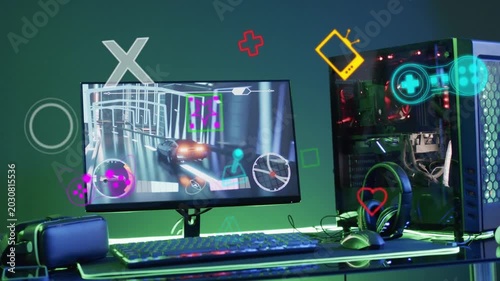 On playback start gaming setup displaying racing HUD while neon icons floating to showcase hardware