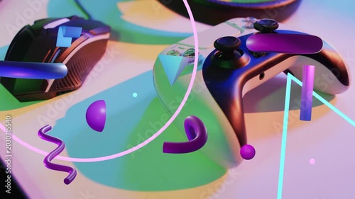 On start, black controller staying while neon 3D shapes orbiting and settling to showcase product