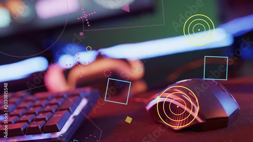 LED strip pulsing, HUD graphics forming and orbiting mouse, highlighting gaming controls