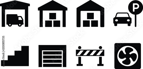 Black and white icons of car parking garage building sign and accessibility symbol set Vector