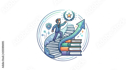 Foto Man climbing stairs made of books towards success.