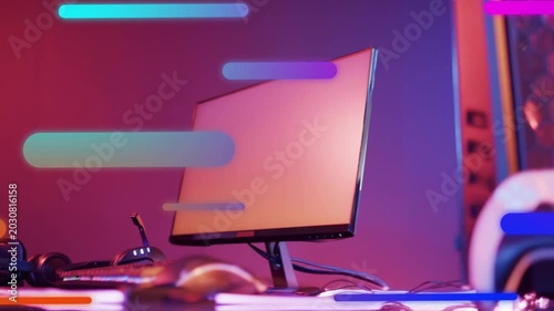 Rounded bars entering edges, sliding over monitor and desk, growing and settling to show overlay