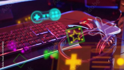 Neon HUD elements appearing and drifting over headset and keyboard, creating immersive AR scene