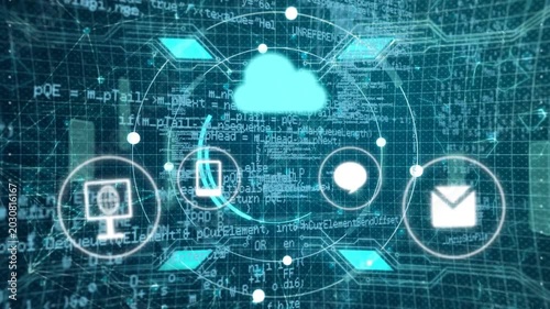 Bright cloud appearing, ring forming, arc rotating, icons orbiting then settling, showing services