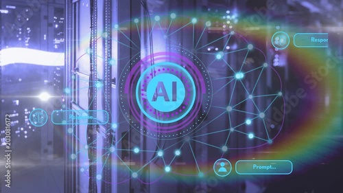 Central AI badge appearing hologram neural net expanding over racks UIs sliding showing status