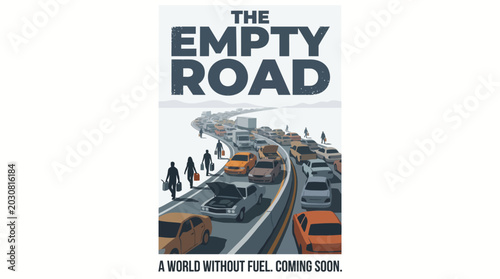 Obraz na plátně Illustration of a highway with cars and trucks on a gray background with the words 'The Empty Road' and 'A world without fuel, coming soon'