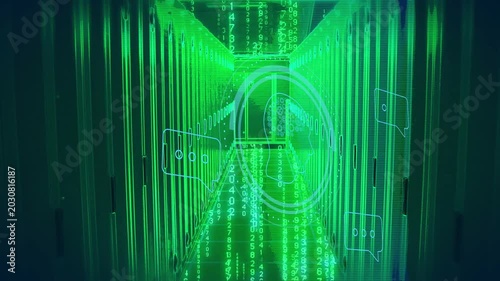 HUD pulsing, causing chat icons and binary rain cascading aisle, camera dollying showing data flow