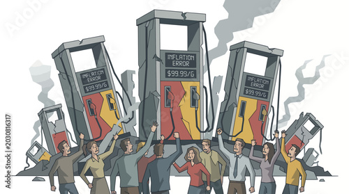 Obraz na plátně Illustration of a diverse group of people standing in front of destroyed gas pumps with smoke rising, conveying a dramatic scene