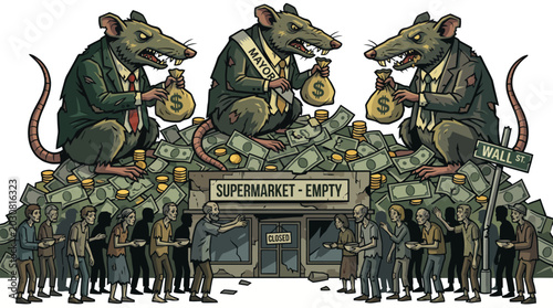 Tableau sur toile Cartoon illustration of three rats in suits sitting on a pile of money in front of an empty supermarket with a crowd of people standing in line, conveying a thought-provoking scene